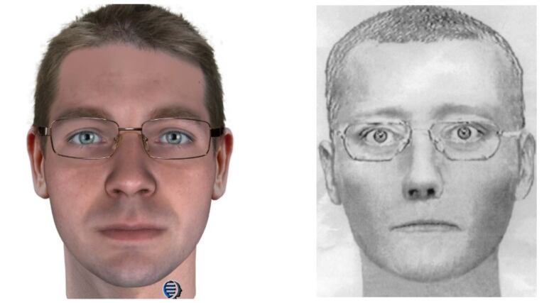 A computer generated sketch of a white man with short brown hair and glasses is next to a black-and-white drawing of a white man with short hair wearing glasses. 