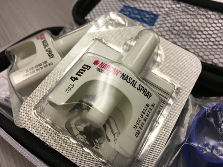 A container of Naloxone nasal spray.