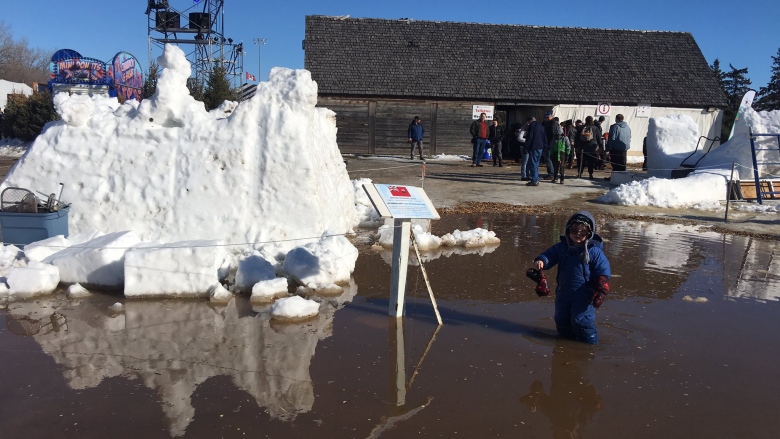 A snow sculpture is seen surrounded by a large puddle of water