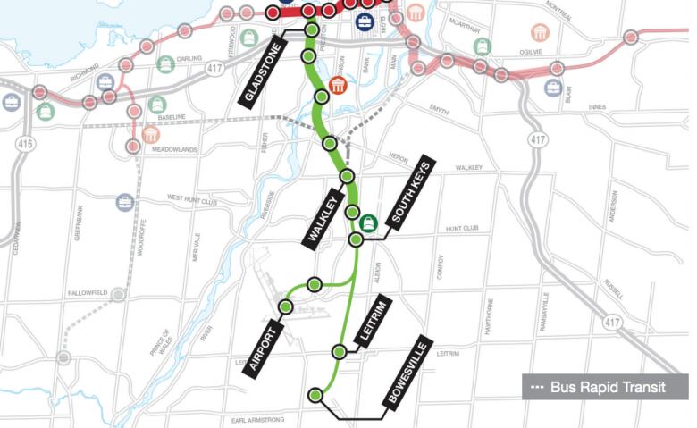 The diesel-powered extension to the O-Train Trillium Line, set to open in 2021, would end at Bowesville station, to the east of Riverside South.