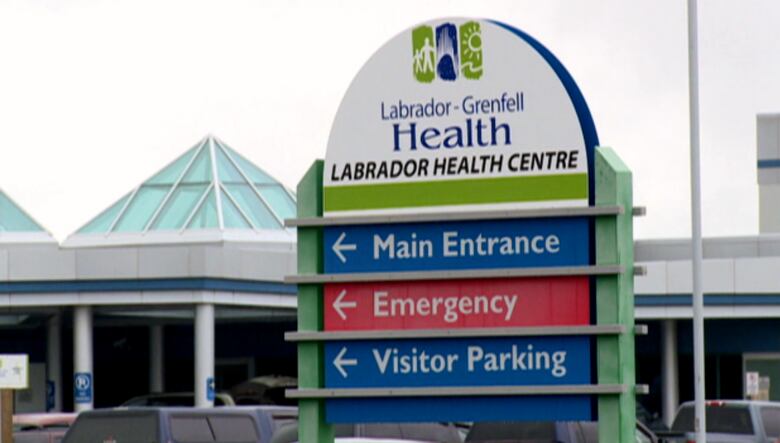 A sign in a hospital parking lot reads 'Labrador Grenfell Health, Labrador Health Centre.'