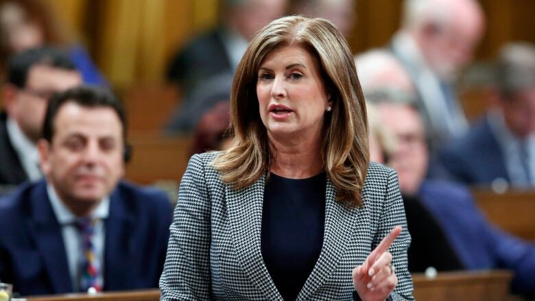 A woman with brown hair and a checkered black and white blazer stands in Parliament.