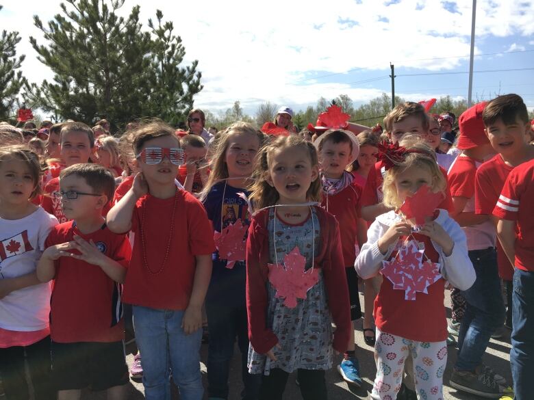 Students a Valley View Public School in Greater Sudbury, Ont. celebrate in Canada Day garb.