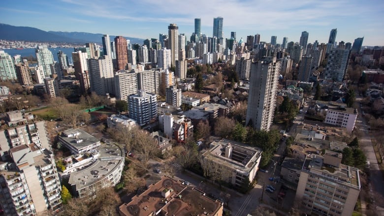 A bird's eye view of towering condos in downtown Vancouver.