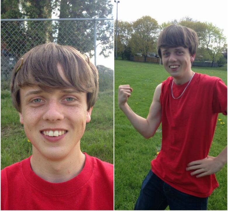 A boy in a red shirt posing for photos.