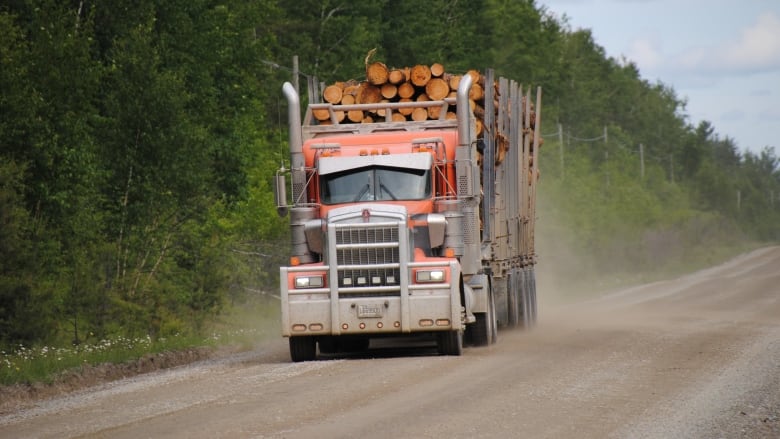 A large, orange logging truck travels down a dirt road.