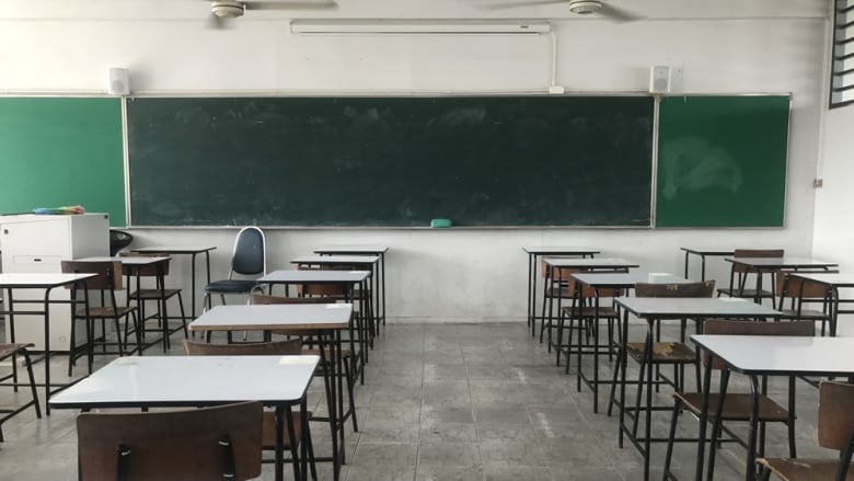 Empty desks and a blackboard in a school classroom.