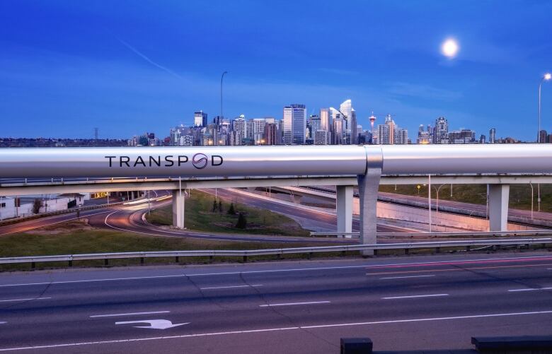 A mockup of a train tube outside Calgary at dark