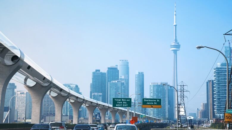 A mockup of a train outside Toronto's skyline in the day.