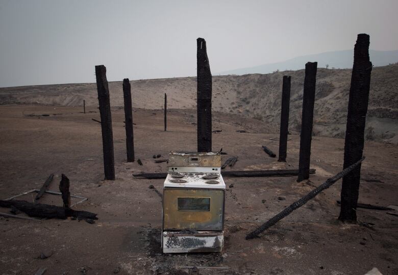 A charred stove sits among burned-out remains of a house in a fire-scarred field.