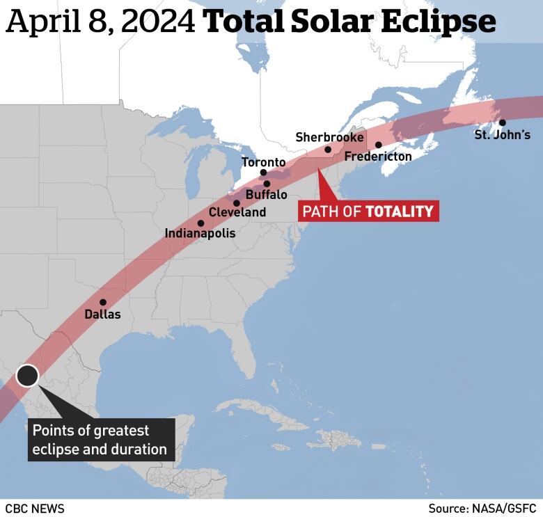 A map of Prince Edward Island showing the path of an eclipse that will happen on April 8, 2024