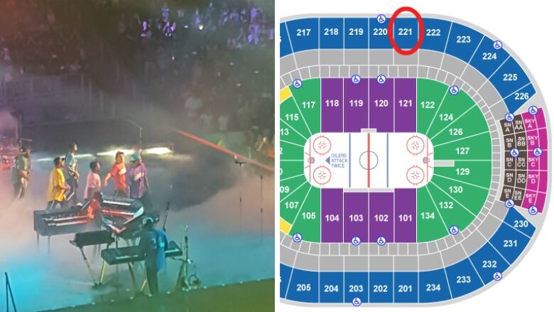 Composite image of seating chart and concert stage. 