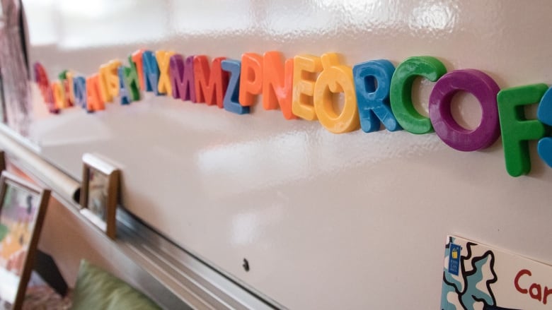 Magnetic letters stick to a white board in a pre-primary classroom