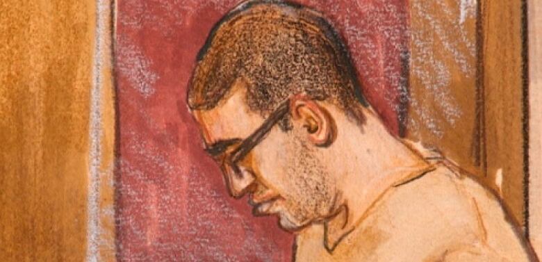 Reza Moazami is shown in profile in a court sketch. He has close-cropped dark hair and is wearing glasses.