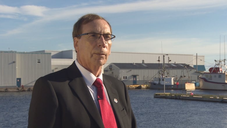 A man wearing glasses is standing near a dock. 