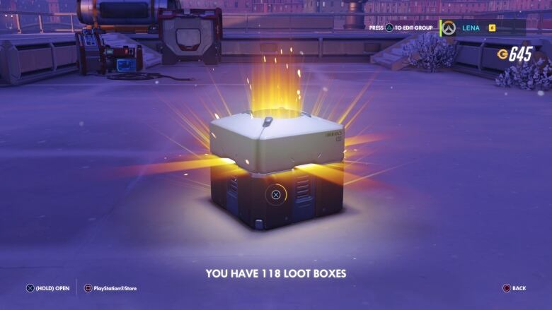 A Loot Box containing an unknown assortment of in-game digital items in the online mulitplayer game Overwatch.