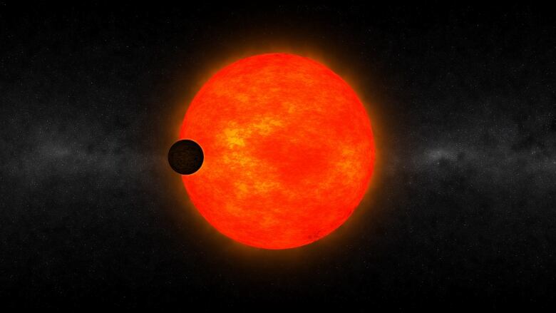 An illustration of a bright red planet in space.