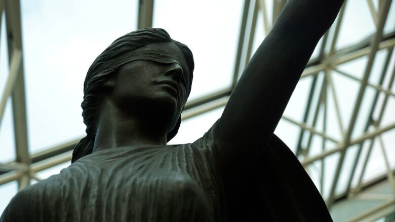 Statue of Lady Justice blindfolded and holding balanced scales.