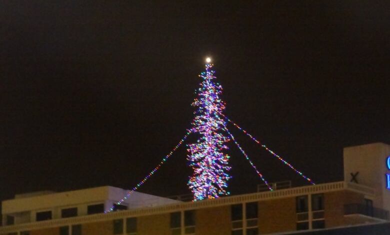 A lit Christmas tree is photographed on the roof of a building.