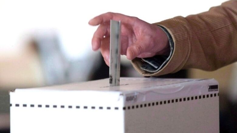 A person puts a ballot into a ballot box.