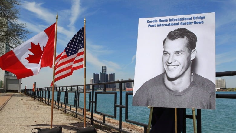 A photo of hockey great Gordie Howe was unveiled at the announcement that the Detroit River International Crossing will be named the Gordie Howe International Bridge, on the waterfront, in Windsor, Ontario, Thursday May 14, 2015. Federal officials have been on a months-long campaign to surreptitiously slip the name Gordie Howe into conversations with top-level American counterparts to promote the new border crossing that will bear the hockey player's name.