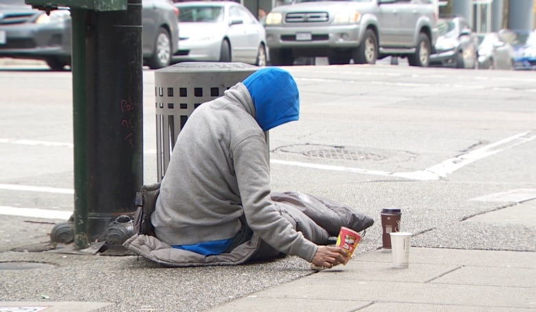 A person experiencing homelessness sitting on the sidewalk with coffee cups. 