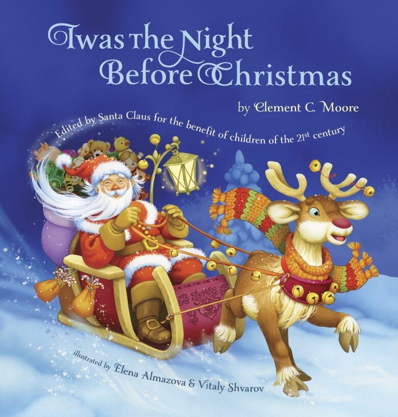 A book cover of Twas the Night Before Christmas shows Santa Claus in his sleigh.