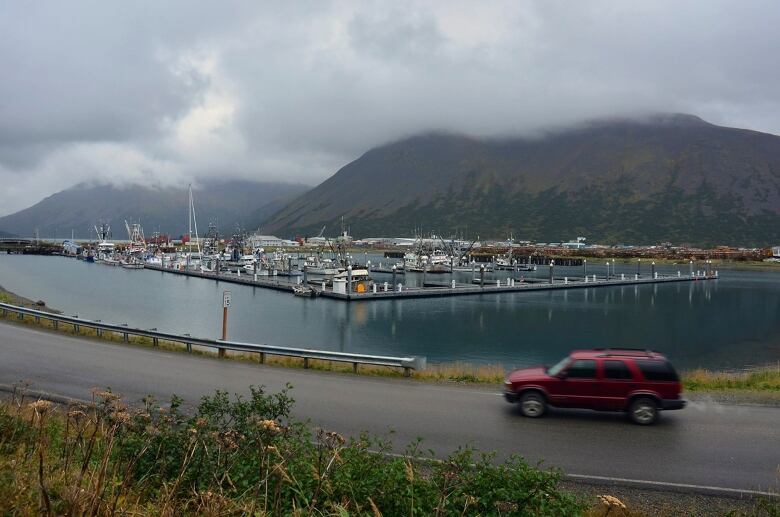 In this Sept. 23, 2013, file photo, a driver passes a small boat harbor in King Cove, Alaska. Interior Secretary Ryan Zinke signed a land exchange agreement Monday, Jan. 22, 2018, authorizing a swap of federal land in Izembek National Wildlife Refuge for land owned by King Cove Corporation that could lead to a road through the refuge so King Cove residents can have land access to an all-weather airport at Cold Bay, Alaska.