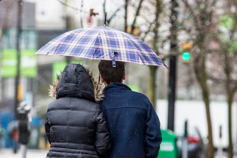 A couple under an umbrella on a rainy day.