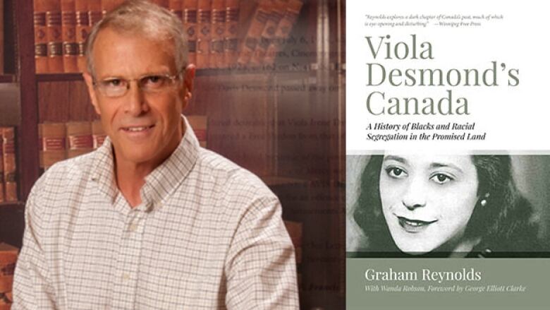 A white man wearing a gingham shirt on the left of the image. One the right, the cover of a book titled 