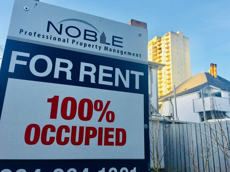 For Rent sign at 100 per cent occupied outside a property in Vancouver's West End.