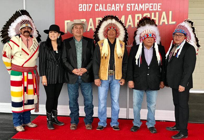 The Treaty 7 Chiefs will lead this year's Calgary Stampede parade. From left to right: Coun. Floyd Big Head (representing Chief Roy Fox), Lowa Beeba (representing Chief Stanley Grier), Bradford Little Chief (representing Chief Joseph Weasel Child), Chief Darcy Dickson, Chief Lee Crowchild and Chief Aaron Young. Not pictured is Chief Ernest Wesley.