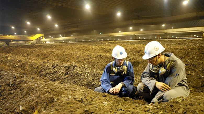 Two men wearing helmets bent down inspecting mounds of dirt-like compost inside a facility. 