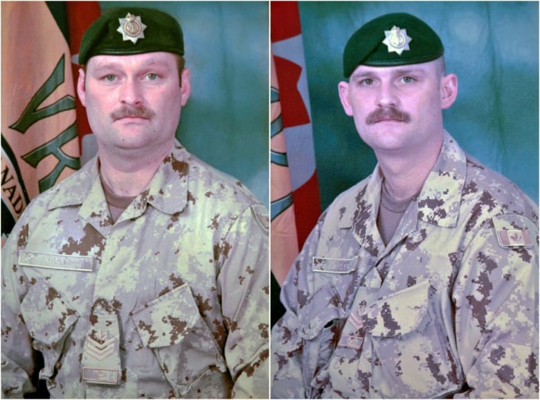 Two men with moustaches in army fatigues and berets pose for a photo in front of flags.