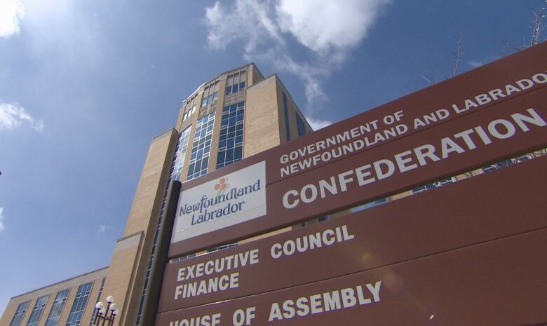 A large building with a sign in front.