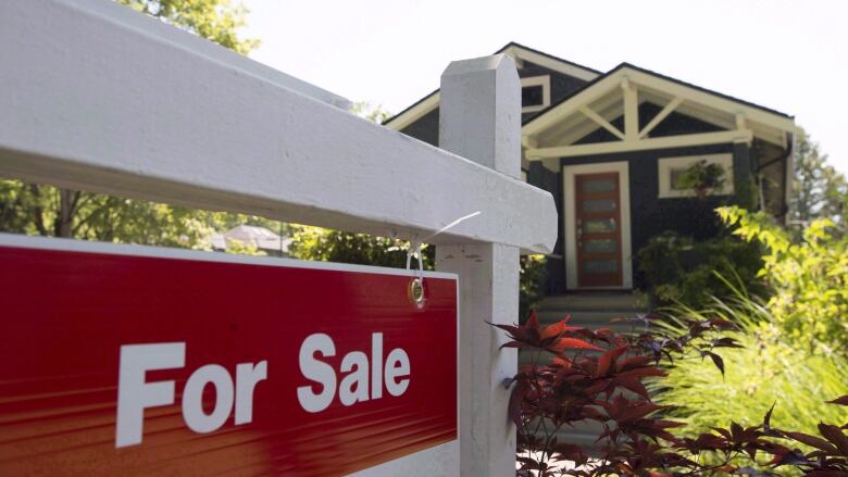 A 'For Sale' sign in front of a single-family home.