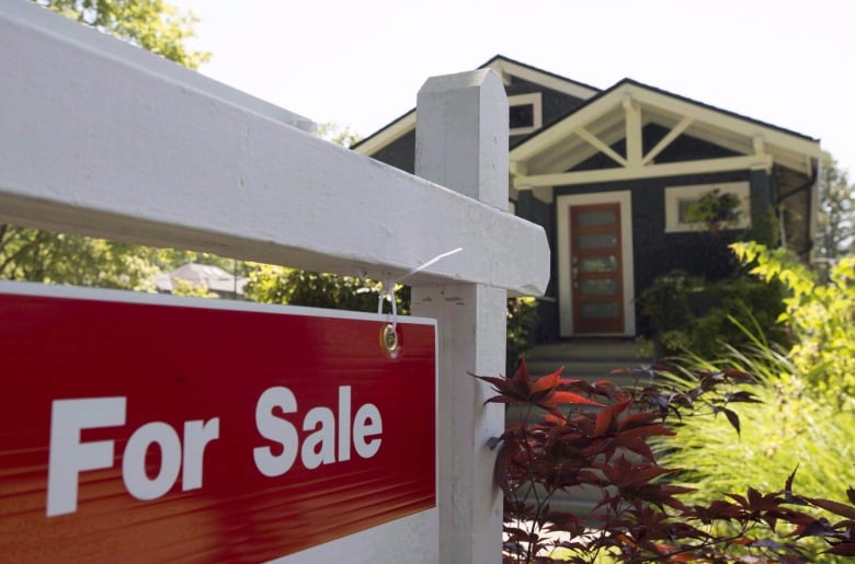 A 'For Sale' sign in front of a single-family home.