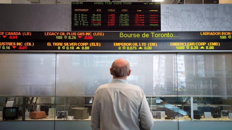 Man looks at TSX sign