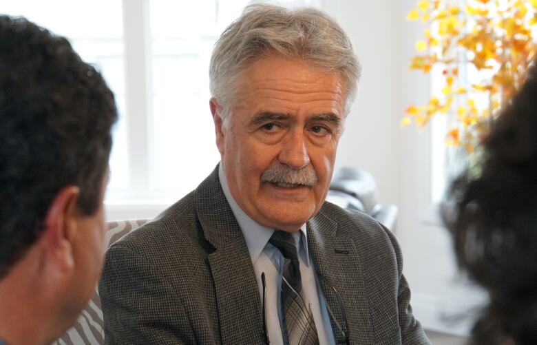 A dashing man with grey hair and a mustache wearing a suit speaks to someone not quite as dashing