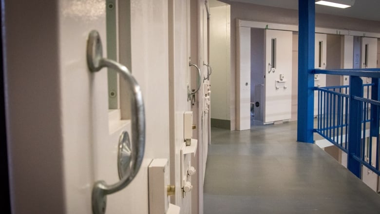 A half dozen doors, each with a small rectangular window, are seen in a hallway. A blue stair railing can be seen across from the doors.