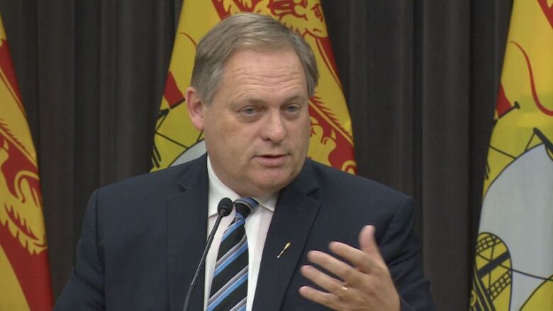 A man speaks at a microphone with New Brunswick flags in the background.