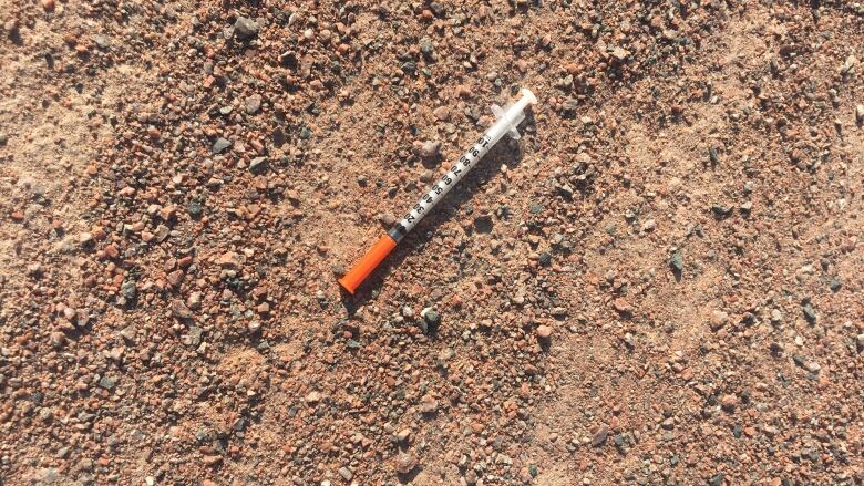 Needle lying on dirt.