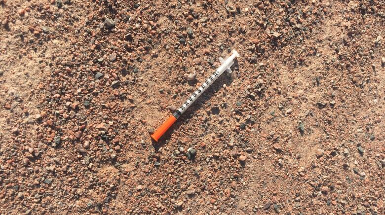 Needle lying on dirt.