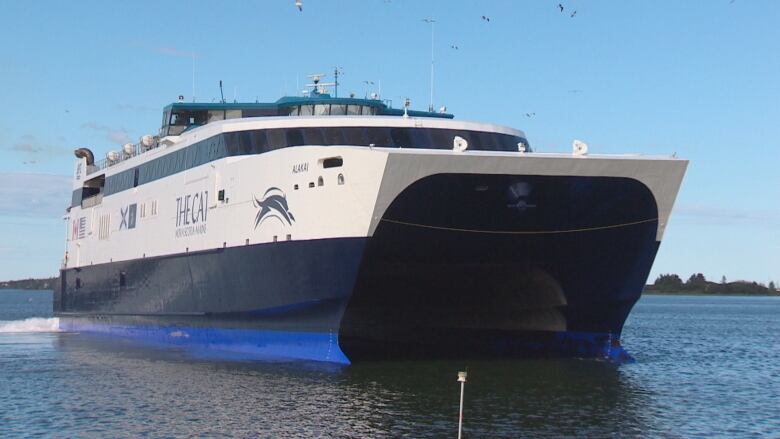 A blue and white ship emblazoned with the words 