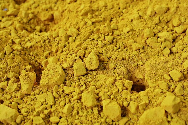 Yellow powder and rocks known as uranium yellowcake, a by-product of uranium production.