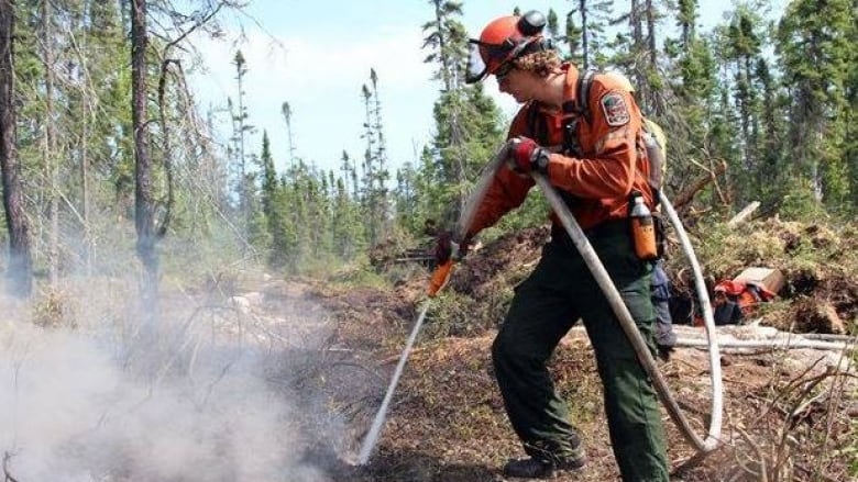 A man wearing and orange shirt and helmet and green pants wields a hose on some smoking ground cover with green trees in the background.