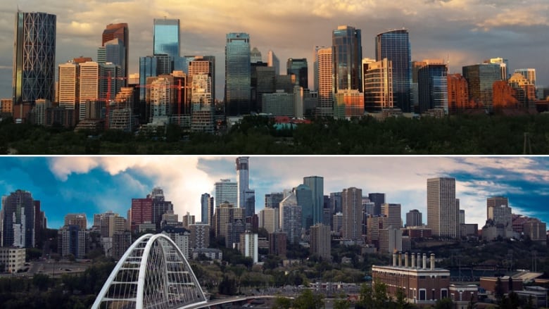 There are two photos. On the top is photo of Calgary's skyline, including the Calgary Tower. The lower photo is of Edmonton's skyline, including the arched Walterdale Bridge.