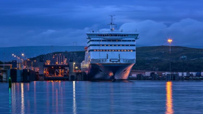 A ferry sits at the port in Port aux Basques at twilight.