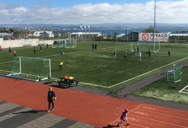 Young people play soccer on a field with the ocean in the background.