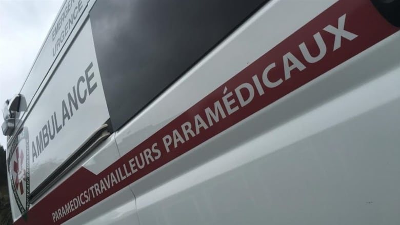 A photo of a white ambulance taken of the side of the vehcile, with a dark red stripe on it that says paramedics.